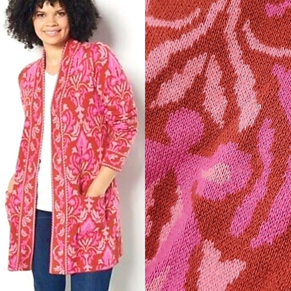 Isaac Mizrahi Bold Pink Jacquard Sweater Coat Feminine Romantic Cozy Size S
